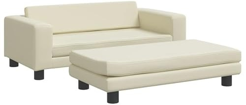 Eleganz Kindersofa mit Hocker – Kinderzimmer Möbel aus Kunstleder (100x50x30 cm) – Bequemes Spiel- und Relaxsofa für Kleinkinder – Creme