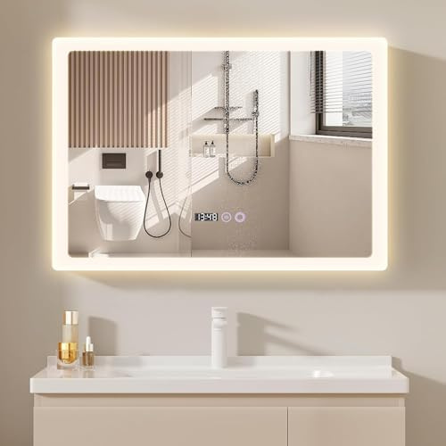 YU YUSING Specchio Bagno con Luce LED 70X50cm, Specchio da Parete Retroilluminato, 3 Colori Luce, Dimmerabile, Vetro Temperato HD, Antiappannamento, Interruttori Touch, Display Dell'Ora, IP44