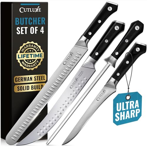 Cutluxe Butcher Knife Set – BBQ Brisket, Breaking and Boning Knives, Honing Rod – Carving Knife Set for Meat Cutting, Ultra Sharp German Steel, Full Tang, Ergonomic Handles – Artisan Series