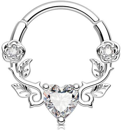 Melighting Orecchino per cartilagine a forma di vite, con zirconia cubica, 16 g, per piercing al setto nasale, anello a segmento incernierato a forma di cuore, 8mm, Acciaio inossidabile