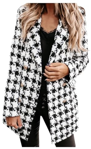 Generisch Blazer a cuadros de lana para mujer - Blazer largo para mujer a cuadros, chaqueta de invierno de lana de manga larga blazers abrigo de moda hasta la rodilla abrigo de un solo pecho abrigo de