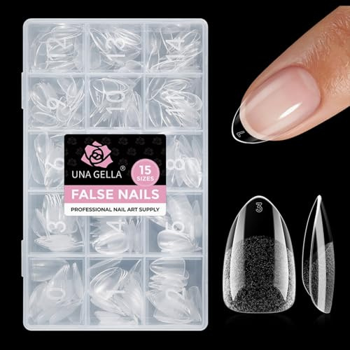 UNA GELLA Capsule Americaine Ongle Amande Courte, 300 pcs 15 Tailles, Capsules Ongles Gel Pré-Poncées Sans Limage, Faux Ongles Soft Gel Full Cover pour Extensions Manucure et Nail Art
