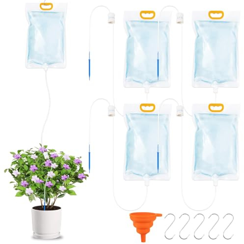 ZYNERY 5Pcs 3.5L Plant Drip Irrigation Kit, Automatic Self-Watering Bags with Adjustable Flow, 5 S Hooks & 1 Foldable Funnel for Indoor Outdoor Potted Plants