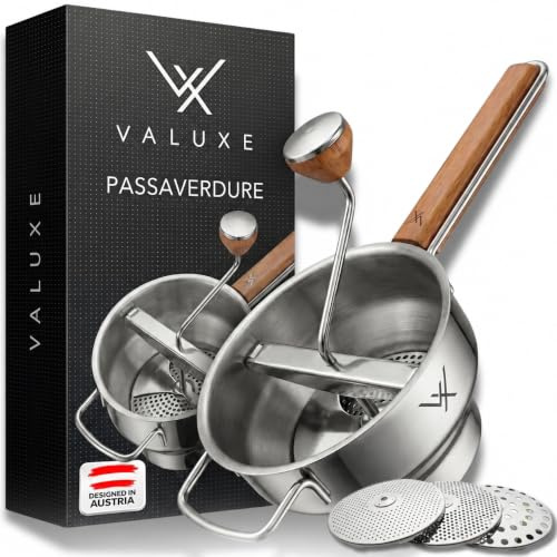 VALUXE® Premium Passiermühle Edelstahl mit 3 Passiersieb-Einlagen – mit 2,3 L Füllvolumen und rutschfestem Eichenholz-Griff – Multifunktionales Passiergerät für Soßen, Marmeladen, Apfelmus