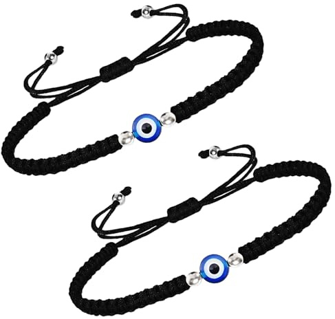 HX YUEGOUHUI 2 Pcs Evil Eye Bracelet Handmade Adjustable Black Braided Protection Jewellery Lucky Charm Friendship Cord for Women Men Couples Everyday Wear and Gifting
