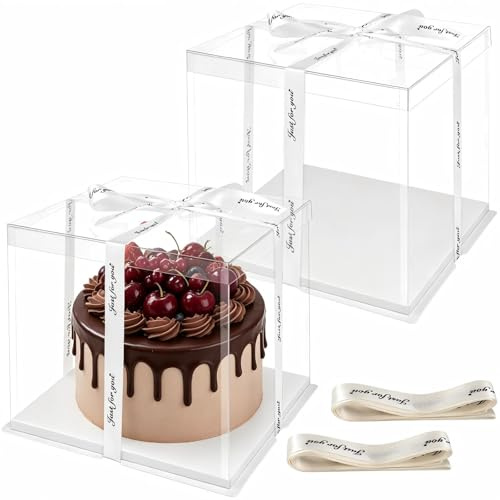 Otauoaea 2 Piezas Cajas Transparentes para Tartas,30x30x25cm Cajas para Pasteles Transparente, Caja Tarta Cuadrada con Cinta y base Blanca,Caja de Regalo Transparente para Tarta de Boda Fiestas