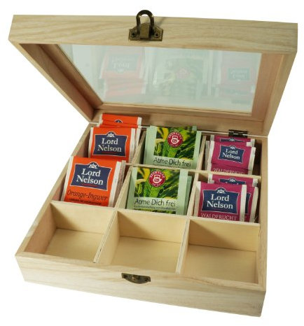 Incutex Scatola per la Conservazione del Tè in Legno Organizer, Contenitore a Cofanetto con 9 Scomparti e Coperchio Trasparente per la Conservazione di Bustine di Tè Individuali, Marrone Chiaro