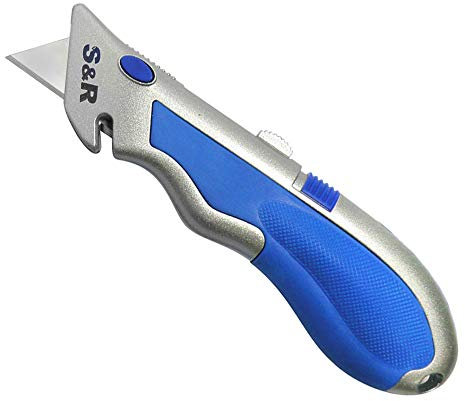 S&R Schnellwechssel - Profi - Teppichmesser/Cuttermesser 165mm, SK5 Klinge 3-stufig, Wechsel per Knopfdruck, 4 Klingen