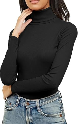 Re Tech UK Ladies Plain Ribbed Cotton Polo Turtle Roll Neck Tunic Top Jumper Full Sleeve, Black, S/M 8-10