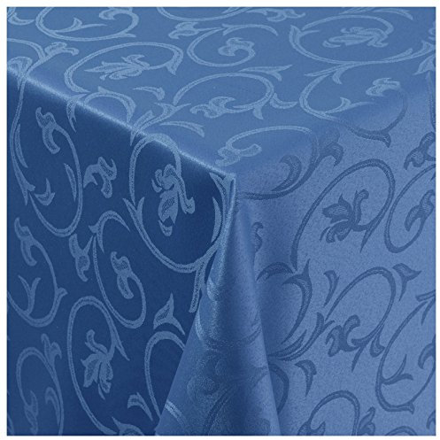 Tischdecke Damast Stoff Barock Tulpen Tischtuch Bügelarm eckig 80x80 cm in Blau mit umgenähtem Rand Premium Qualität