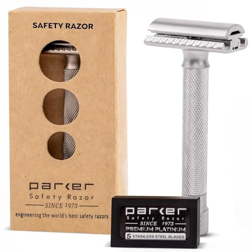 Parker Safety Razor Variant Einstellbare zweiseitige Sicherheits-Rasierer und 5 Premium Blades - Seidenmatt verchromt