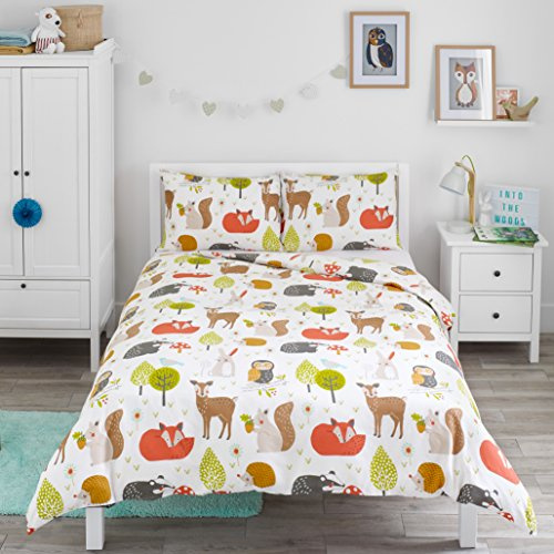 Bloomsbury Mill - Bettwäsche 200 x 200 cm Waldtiere für Kinder – Doppelbett Bettwäscheset für Jungen und Mädchen – Eule, Fuchs & Hirsch Wendebettwäsche und 2 Kissenbezug Set