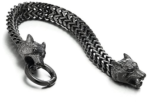 COOLSTEELANDBEYOND Biker Herren Schwarz Wolf Kopf Franco Link Panzerkette Armband aus Edelstahl mit Federringverschluss