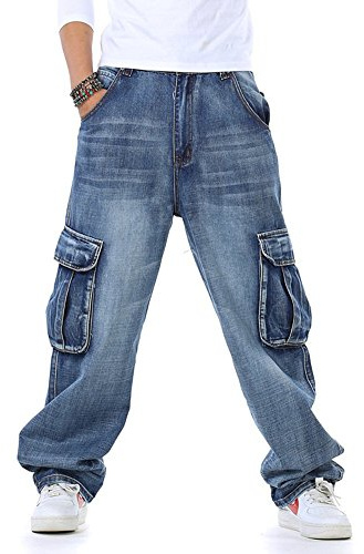 Idopy Casual Motorcycle Workwear Multi Pockets Denim Biker Baggy Cargo Jeans Pants (W32, Light Blue)