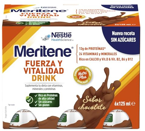 Meritene | Fuerza y Vitalidad | Suplemento Alimenticio | Listo para Tomar | Batido con Proteínas Vitaminas y Minerales | Sabor Chocolate | Refuerzo del Sistema Inmunitario | 6 Unidades | 125 ml