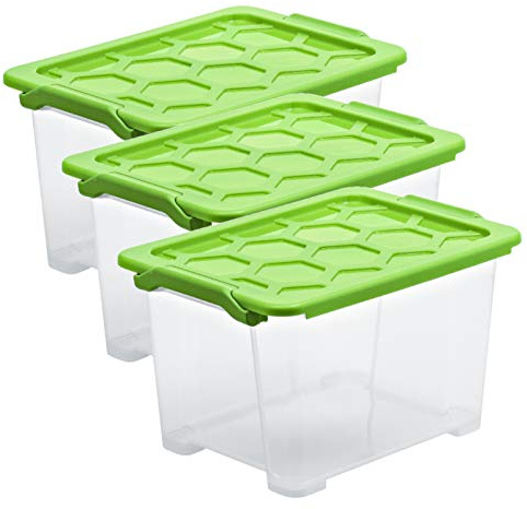Rotho Evo Safe Keeping 3er-Set Aufbewahrungsbox 15l mit Deckel, lebensmittelechter Kunststoff (PP) BPA-frei, transparent/grün, 15l (39.3 x 28.3 x 23.0 cm)
