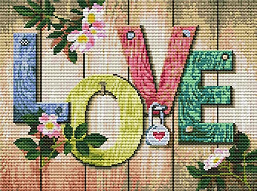 Abillyn Kreuzstich Stickpackungen Vorgedruckt, Holzschild Liebe und Blumen Bilder Stickerei Set (Liebe)