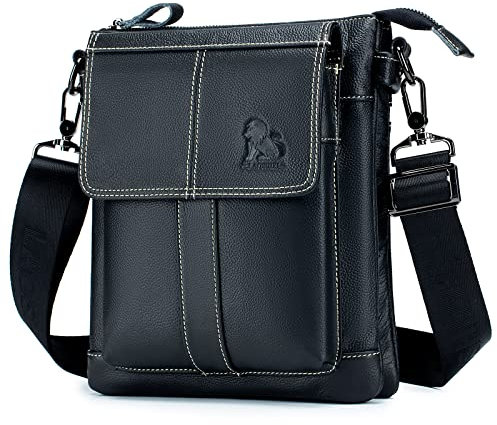 Nefli Herren Echtleder Umhängetasche Messenger Crossbody Bag Fits 10-Zoll-Tablet für Business-Büro Arbeit Schule Schwarz
