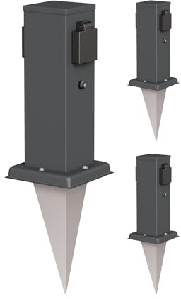 ledscom.de 3X Garten-Steckdosen-Säule Polly mit Dämmerungssensor und Erdspieß für außen, 2-Fach, anthrazit, eckig, 27cm