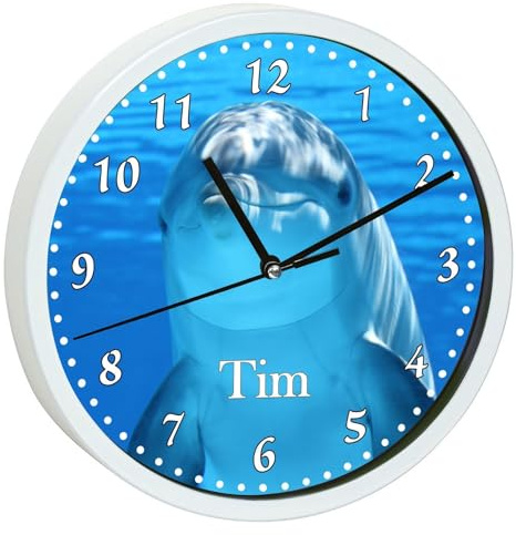 CreaDesign, Wanduhr Kinder personalisiert mit Name, Motiv Delfin, Rahmen Wanduhr weiß, Ø 19,5 cm