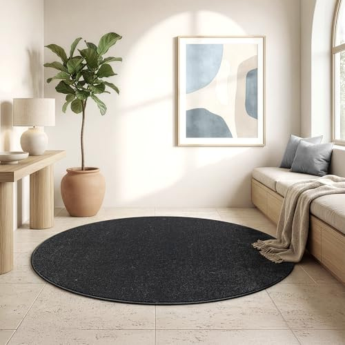 SANAT Kurzflor Teppich Wohnzimmer - Uni Modern Teppiche fürs Schlafzimmer, Arbeitszimmer, Büro, Flur, Kinderzimmer und Küche - Schwarz, 150 cm Rund