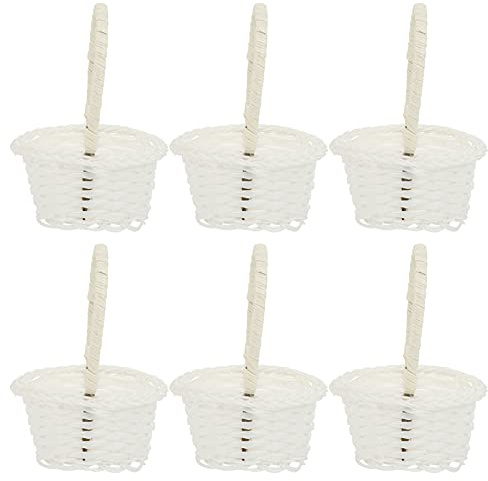 DOITOOL 6Pcs Wicker Storage Basket with Handle - Oval White Vegetable Picking Baskets for Shelves - Rattan Pastoral Style Food Hamper Box Tray Set for Kitchen Fruit Flower Garden Arrangement