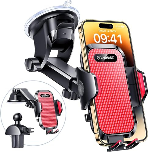 VANMASS Car Phone Holder 2026 BEST【85+ lbs Strongest Suction & Vent Clip】True Military-Grade Patent Universal Mobile Vehicle Mount Dashboard Windscreen Van Cradle for 17 Pro Max 16 15 14 Samsung, Red