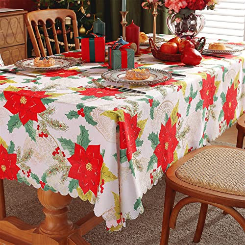 KAMEUN Weihnachtstischdecke Stoff, Weihnachtsdeko Tischdecke Weihnachten, 180 x 150 cm Tischwäsche Abwaschbar, Wasserabweisende Christmas Table Cloth, Fleckschutz pflegeleicht Tischtuch (Rot)