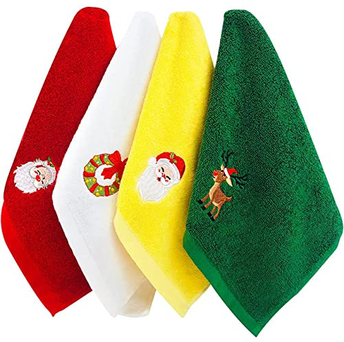 Weihnachtshandtücher 4er Pack Waschlappen Reine Baumwolle Handtücher Badezimmer Dekorative Geschirrtücher Set Weihnachtsmuster Design Weihnachtstücher Geschenkset den Heimgebrauch Weiß Rot Grün Gelb