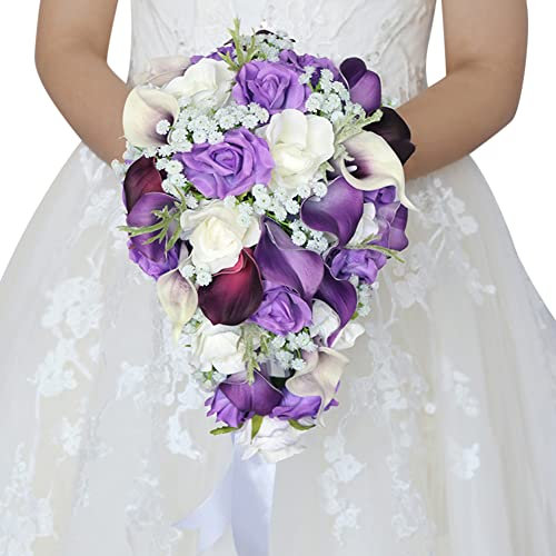 ISAKEN Brautstrauß Wasserfall Stil Künstliche Hand Prom Kaskadierender Brautstrauß Elfenbein Hochzeit Tropfende Lila Blumen Wasserfall Stieg Kunstblume Blumenstrauß für Brau Hochzeit Jahrestag