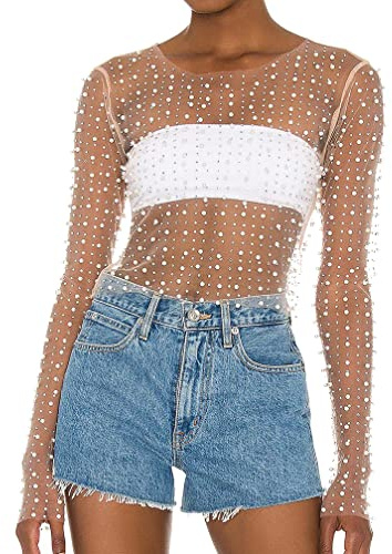 Naileksi Top Corto da Donna in Rete Trasparente con Strass Perla Sexy Trasparente Manica Lunga Slim Fit Camicetta Corta Camicia Clubwear, Nude, Small
