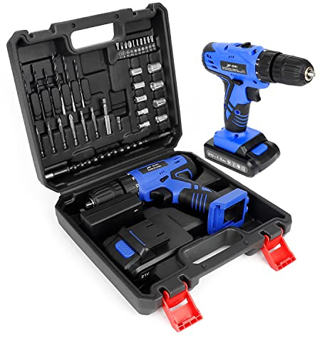 Jar-Owl 21V Cordless Drill, 350 in-lb Torque, 0-1350RMP Variable Speed, 10MM 3/8'' Keyless Chuck, 18+1 Clutch, 1.5Ah Li-Ion Battery & Charger for Home Tool Kit - Black & Blue