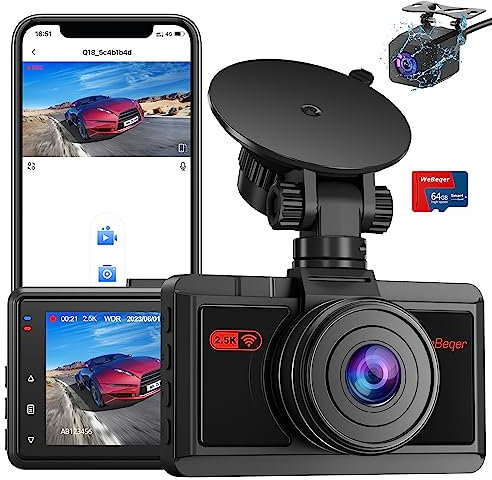 WeBeqer Dash Cam Front and Rear Built-in WiFi, 2.5K+1080P Dual Dashcam for Cars with 64G SD Card, APP Control, WDR, Night Vision, 170°+140°Wide Angle, Parking Monitoring, G-Sensor, Loop Recording