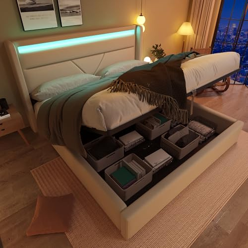 Kehun Polsterbett Doppelbett 140x200 cm mit LED-Kopfteil, Bett mit Stauraum, Stauraumbett mit Lattenrost und Bettkasten, Modern Hydraulisches Metallrahmen, PU, Weiß, Ohne Matratze