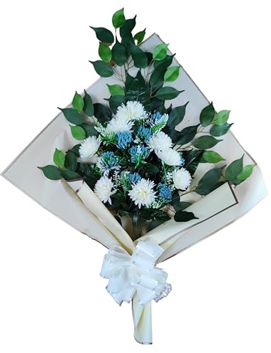 DRW Blumenstrauß für Friedhof, Blumenstrauß, künstliche Blumen, zum Einstecken in das Boot oder auf dem Grabboot, 73 x 63 x 20 cm (blau und weiß)