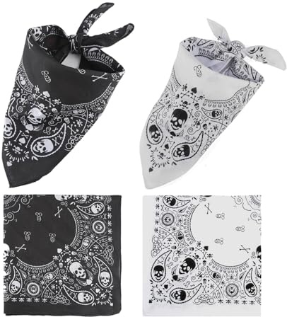 Pennle Bandanas, Lot de 2 Foulards Noirs Blanc Imprimés Crâne à Bordure à Carreaux, Accessoires de Costume pour Hommes, Femme, Enfants