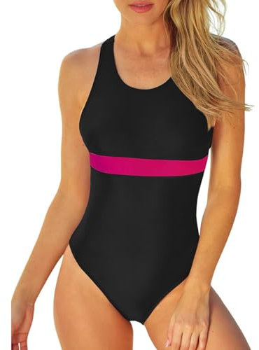 Runmeihe Costume da Bagno Donna, Costumi da Bagno Donna Intero Modellante con Coppe in Schiuma Rimovibili (IT, Numero, 44, 46, Regular, Regular, BlackRed)