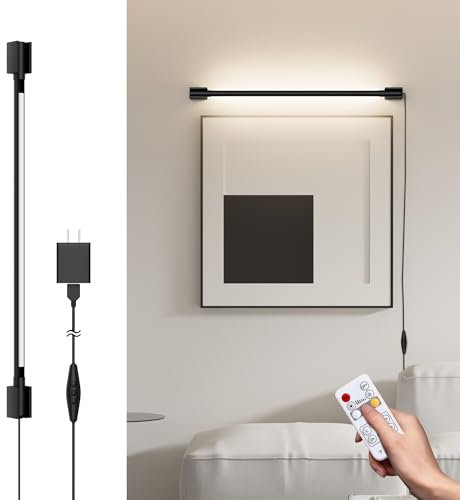 Aipsun Lampada LED da Parete con Telecomando, Timer e 3 Regolazioni Colori (3000K-6000K) - 9W 600 Lumen, Spina Integrata, 60 cm Nero per Interni Camera da Letto/Soggiorno