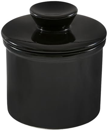 SPORWAY Burriera francese, in ceramica, con coperchio, con linea di galleggiamento, per burro morbido (nero)