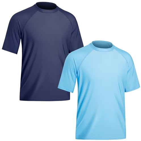TIZAX 2 Pieces Men's Rash Vest Short Sleeve UV Shirt UPF 50+ Sun Protection Swim Tops Quick Dry Rash Guard Shirts Navyblue+Lightblue L