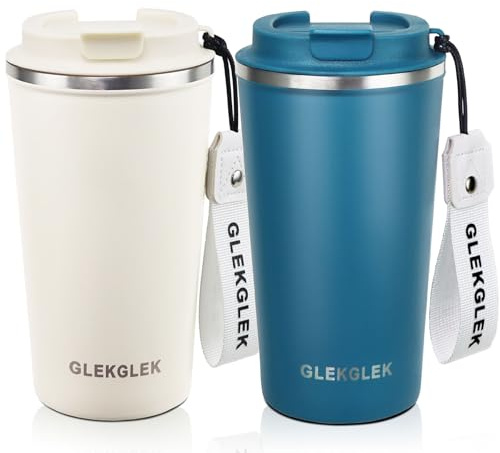 GLEKGLEK Reise Kaffeebecher 500ml mit Deckel, Thermobecher 2er Pack | Einfacher Transport, Doppelwandig, Reisen, Freizeit