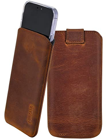 Suncase Etui Tasche kompatibel mit iPhone 16 Pro Max (6,9 Zoll) Hülle mit ZUSÄTZLICHER Case/Schale/Bumper Lasche mit Rückzugfunktion Handytasche Ledertasche Schutzhülle in antik-Coffee