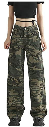 Générique Pantalon Treillis Militaire Femme Ample Stretch Pantalon Taille Haute Coupe Droite avec Poches Casual Pantalon Large Fluide Hiver Chaud en Denim Bas de Survetement Coupe Amincissante Pants