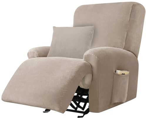 Alishomtll 4-Teilig Sessel Überzug 1 Sitzer Sesselschoner mit Taschen Beige | Stretchhusse Samt Sesselbezug mit Armlehne All-Inclusive Sesselüberzug für Fernsehsessel Relaxsessel mit 1 Kissenbezug