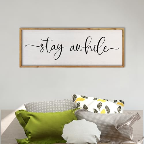 comurdyo Wohnzimmer-Wanddekoration, Schild Stay Awhle, 81,3 x 30,5 cm, Lets Stay Family Home, großer Vintage-Bauernhaus, einfacher Holzrahmen für Eingangsbereich, Flur, Plakette, horizontale