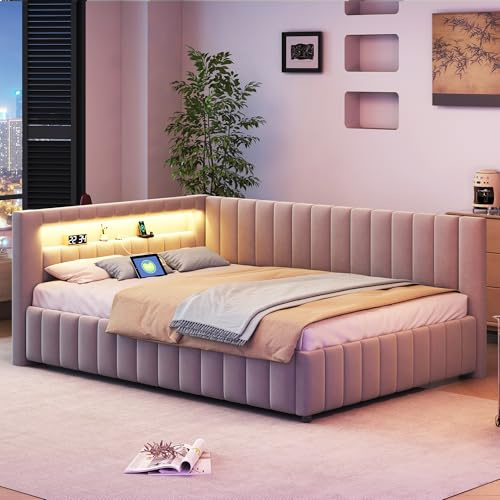 ANIROY L-förmige Schlafsofa 140x200cm, Samtstoff Polsterbett Daybett Sofabett mit LED und USB, Doppelbett Bettgestell mit Lattenrost und Rückenlehne (Hellgrau A)