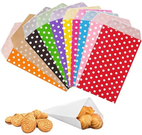 Papiertüten mit verschiedenen Punkten, 8 x 15 cm, gemischte Farben, für Kinderpartys, Popcorn, Kekse, Hochzeitsbuffet, Gastgeschenke, Kuchen, Geschenk, kleine Pa-per-Tüten, 100 Stück