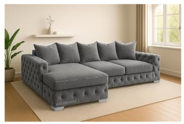 Sofaya Plush Chesterfield Corner Sofa with Left or Right Hand Option - L Shaped Sofa with Deep Tufted Buttons – Chaise Sofa Couch with Scatter Cushions for Living Room (Grey, Left Hand Chaise)