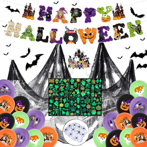 Halloween Deko Set, Horror HAPPY HALLOWEEN Dekoration Girlande, Luftballons, Tortendeko, Spinnennetz, Aufkleber, Fledermaus, Kürbisse, für Innen Gruselige Pary
