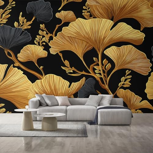 Generisch Tapete Schwarz Gold Blätter Vliestapete Modern Blatt 150X105cm Fototapete Wohnzimmer Motivtapete Schlafzimmer Tapeten Deko, Mustertapete, Wandtapete D19